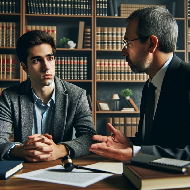 A lawyer talking to a client in an office